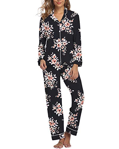 Womens Pajamas Set Long Sleeve Sleepwear Button Down Nightwear Soft Knit Pj Lounge Sets, Pink Flower, S(US 4-6)