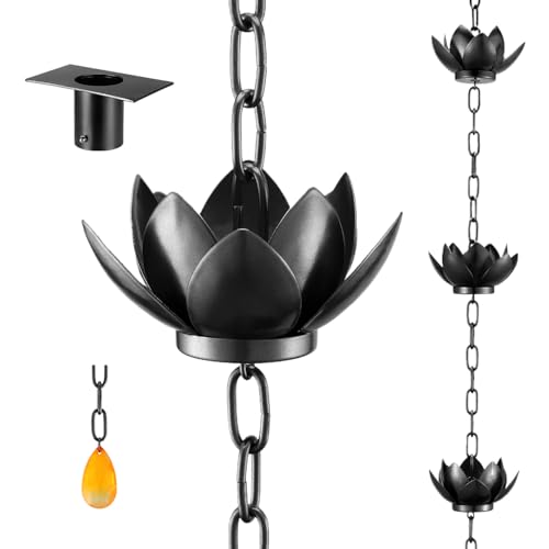 Image of Oak Leaf Rain Chain with Adapter, 8.5ft Adjustable Lotus Rain Catcher Chain for Gutters Outside Downspout, for Divert Water and Home Display, Black Powder Coated