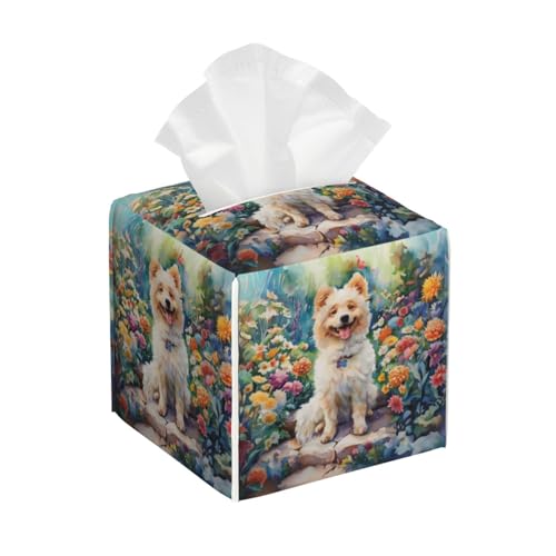 Image of NAITIZ Square Leather Napkin Box Cover, Smiling Japanese Spitz Patterned - Decorative Tissue Dispenser for Bathroom, Bedroom, Car Interior, and Office Space, 20240517