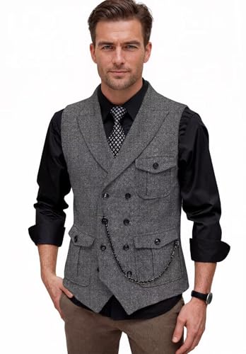Men's Tweed Retro Vest Business Slim Fit Double Breasted Herringbone Waistcoat Multi-pocket2