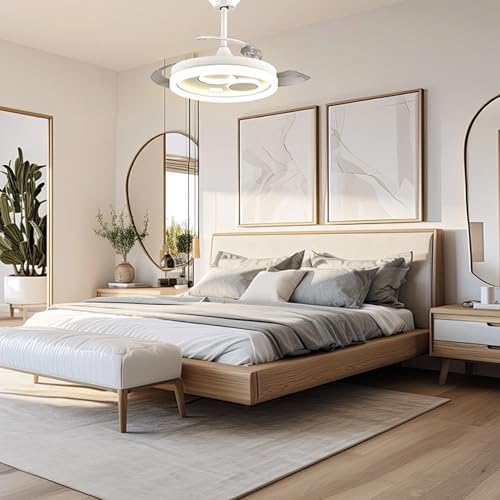 Plafonnier ventilateur rétractable blanc télécommandé avec éclairage LED 3 couleurs