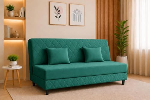 Image of Deco Studio 3 Seater Sofa Bed | Premium Upholstered Velvet Fabric Folding Couch for Living Room, Guest Room & Bedroom | Quilted Backrest with 2 Cushions (Green)