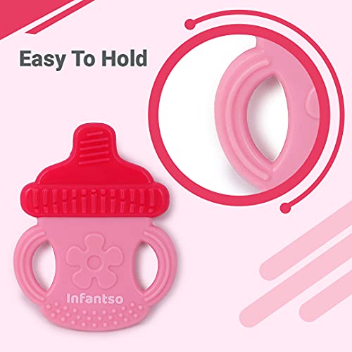 Image of Infantso Non-Toxic Food-Grade Soft Silicone Baby Teether, BPA-Free for Pain-Relief Easy Teething, for 2+ Months Babies (Pink Bottle)