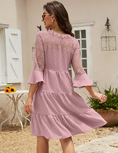 Missky Babydoll Dress For Women Lace Half Sleeve A Line Swing Dress Cute Swiss Dot Mini Dress Pink Medium #TOP2