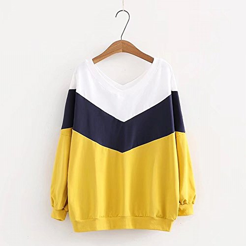 Pull col en V grande taille pour femmes en maille bloc de couleur style bicolore jaune XL
