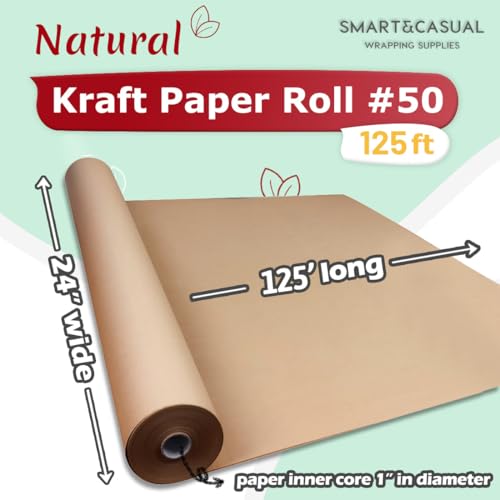 Image of SMART&CASUAL 24 inch x 1,500 inch (125') Brown Kraft Craft Paper Roll for Gift Wrapping Bulletin Board Bouquet Flower Art Packing Parcel Table Covering 70GSM 50LB (Brown, 24 inch x 125')