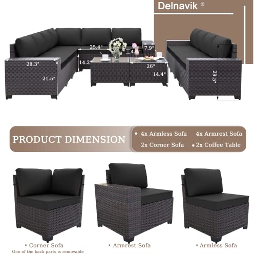 Delnavik Patio Furniture Set Sofa 12-Pieces Wicker Sectional Sofa Set, Outdoor Furniture Rattan Patio Conversation Set With Thickened Cushions And Glass Coffee Table, Black #TOP1