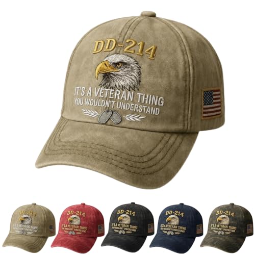 DD-214 Army Veteran Hat Vintage Adjustable Embroidered Eagle Patriotic Baseball Cap Veteran Day Gifts for Retired Soldiers Khaki