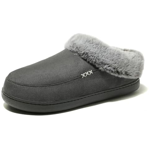 NewDenBer Women's Cozy Memory Foam Slippers Suede Plush Faux Fur Lined Slip on Indoor Outdoor House Shoes (5-5.5 B(M) US, Dark Grey) Cover