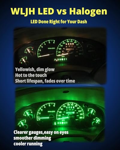 Image of WLJH Green T10 T5 LED Dash and Interior Bulb Kit with Twist Socket, 40-Pack | 4014 SMD, 300lm, Polarity-Free, for Instrument Cluster, Dome, Map, Vanity, Glove Box and License Plate Lights, Dimmable