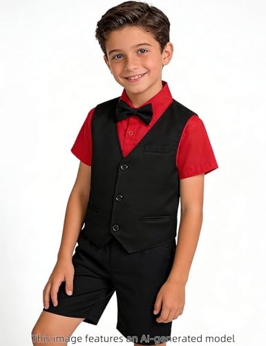 Image of A&J DESIGN Boys Short Suit Set 3 Pieces Kids Formal Gentleman Outfit, 4-11 Years, Shirt + Vest + Shorts + Bow Tie