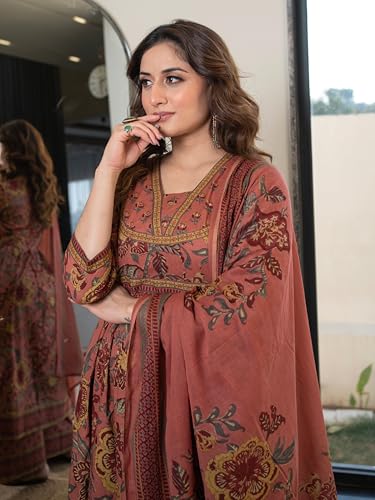 Image of Arayna Women's 100% Cotton Anarkali Kurta Set with Pant & Dupatta | Jaipuri Floral Ethnic Suit