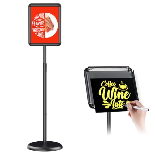 Newzueby Adjustable Pedestal Floor Stand Sign Holder for 8.5*11 inches Poster or chalk board, Snap open frame,360° Rotation,Outdoor Indoor Standing Display Sign Holders for advertising ,Black