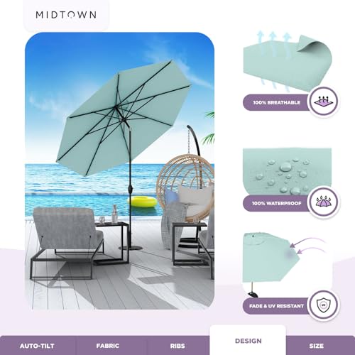 Image of Midtown Umbrellas - 10-Year-No-Fade 6 Ft Patio Umbrella with Terylast Fabric, Auto-Tilt Aluminum Frame and 8 Reinforced Ribs for Deck, Pool, Garden & Beach - Aqua Canopy, Black Pole