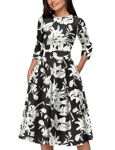 Image of Simple Flavor Women's Floral Vintage Dress Elegant Midi Evening Dress 3 /4 Sleeves