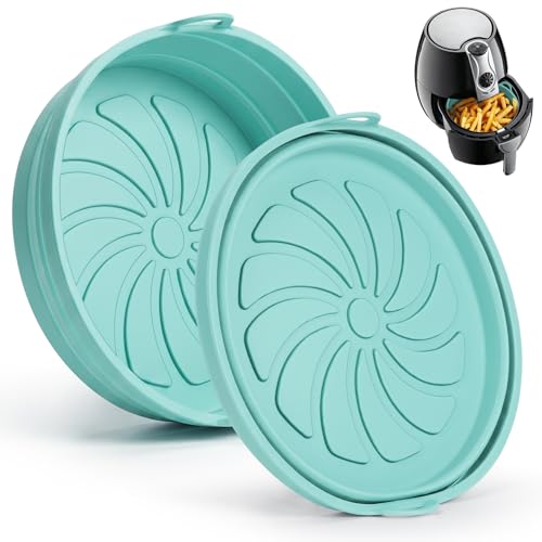 Molde Silicona Freidora de Aire, Set de 2 Recipientes para Airfryer, Antiadherentes y Plegables, Bandeja Redondo para Cestas de Más de 3 L, Compatible con Horno y Microondas, Azul