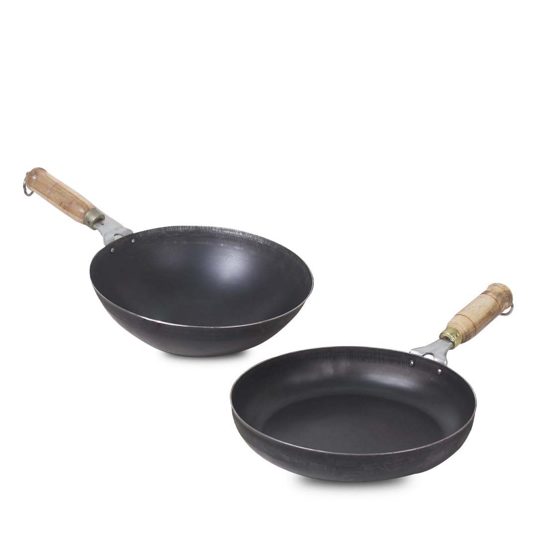 The Indus Valley Pre-Seasoned Iron Cookware Set | Wok (25.4 cm/2.2L) + Fry Pan (24.7 cm/1.5L) | Kitchen Cooking Combo Pots and Pans Set of 2Pcs | Naturally Nonstick The Indus Valley Pre-Seasoned Iron Cookware Set | Wok (25.4 cm/2.2L) + Fry Pan (24.7 cm/1.5L) | Kitchen Cooking Combo Pots and Pans Set of 2Pcs | Naturally Nonstick
