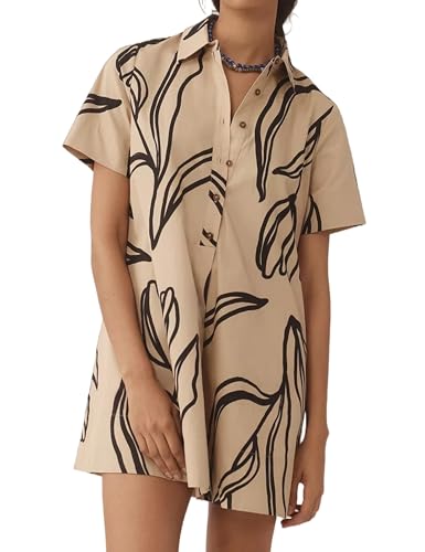 Image of Women's Short Sleeve Swing Tunic Mini Dress Button Up Blouse Shirt Summer Loose Casual Flowy A Line Short Dresses