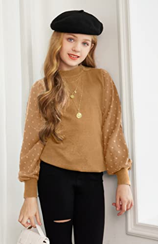 Image of Arshiner Girls Puff Long Sleeve Sweaters Crewneck Lace Polka Dot Casual Knit Tops Pullover Jumper Outwear for Kids