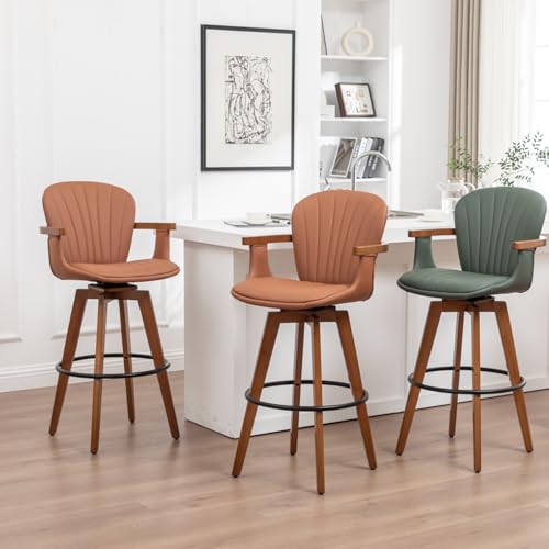 Image of LUNLING 30 inch Bar Height Stools Set of 2,Mid Century Modern Bar Stools,Brown PU Leather Kitchen Island Stools,Wood High Barstools Swivel with Back and Arms for Home Bar Furniture