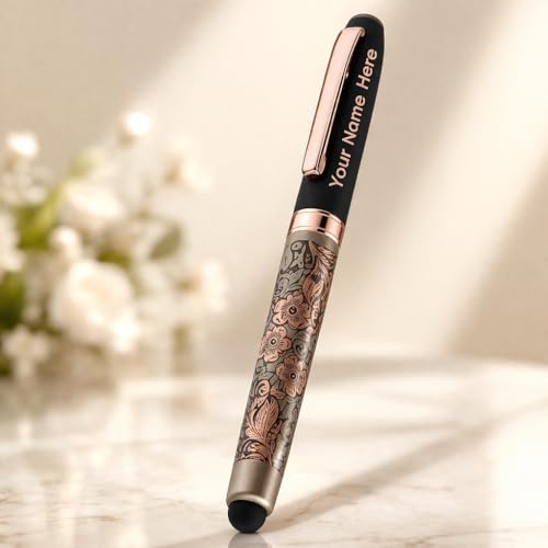 Image of Personalized Metal Ball Pen | Custom Name Engraved Signature Pen | Premium Floral Pattern Design | Smooth Blue Ink Ballpoint Pen | Elegant Rose Gold & Black Finish | Stylish Executive Writing Pen
