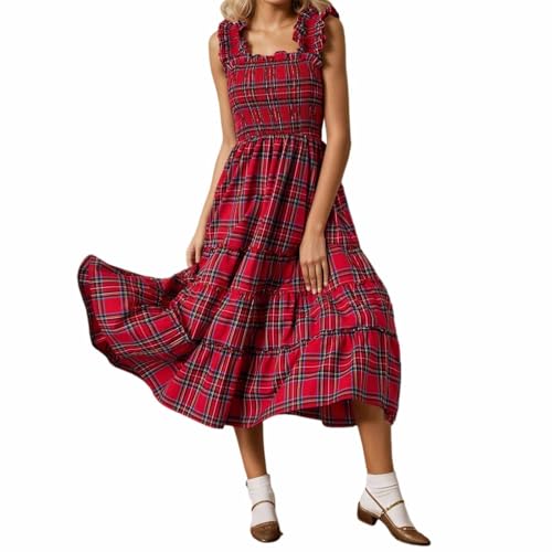 Duohropke Trägerkleid Damen Klassisches Kariertes Swing Kleider Kleid In A-Linie Mit Hoher Taille Sexy Langes Maxikleid Rückenfreies Partykleid...