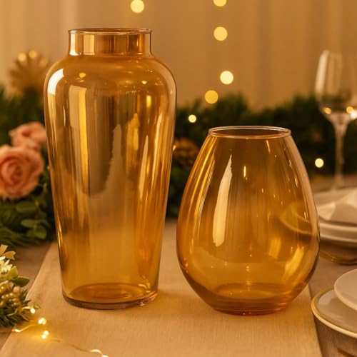 Image of SPHINX Home Decor Glass Vase Set | Amber Gold Flower Vases for Table Decor, Living Room, Centrepiece Styling, Hotels & Gifting | Tall + Rounded Vase Combo (Pack of 2)