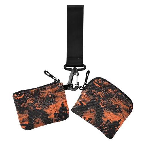 Pumpkins Town Orange Halloween Women's Coin Wallet Card Holder Slim Portable Card Wallet Money Organizer with Zipper Coin Pocket for Women 2 Pcs
