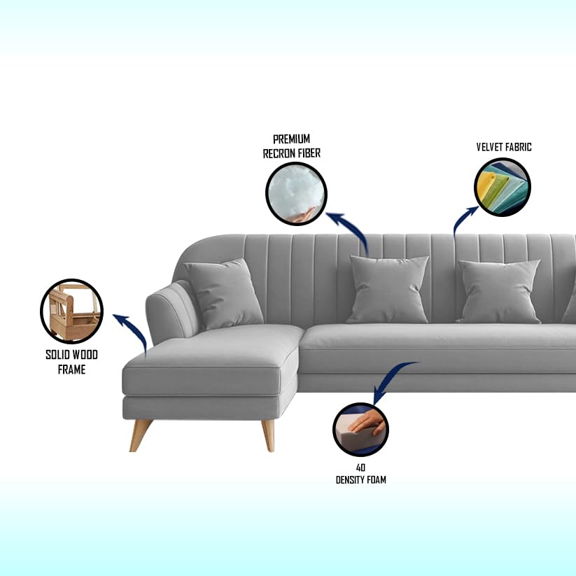 Image of Atticus RHS 6 Seater L Shape Sofa Set for Living Room (Grey Fabric) Premium Fabric Sofa Set