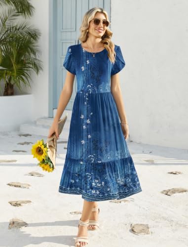 Image of Zeagoo Women Summer Midi A Line Dress Short Sleeve Casual Flowy Tiered Beach Long Sundress with Pockets 2026 Vacation Travel