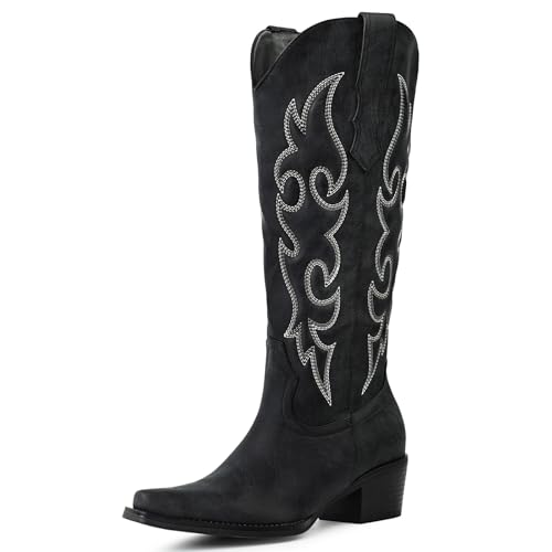 Foscape Black Cowboy Boots for Women Knee High – Western Cowgirl Boots with Snip Toe, Side Zipper, Padded Embroidery, Chunky Heel, Womens Cowboy Boots for Festival, Daily Wear & Rodeo Size 9