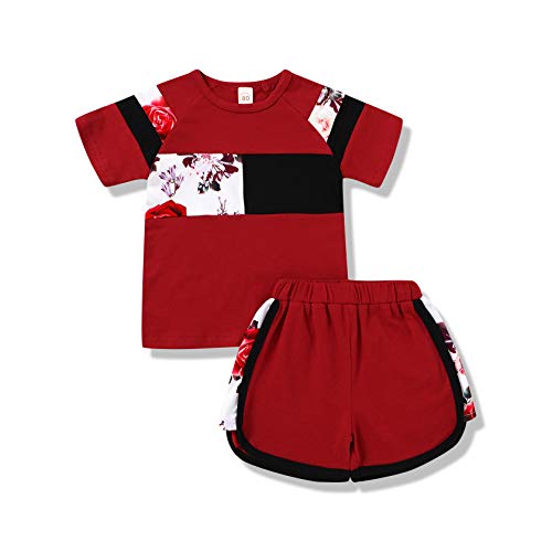 YOUNGER TREE 2pcs Toddler Baby Girl Clothes Summer Short Sleeve Outfits Girls Leopard Splicing Short Sets (Red-Flower, 4-5 T)