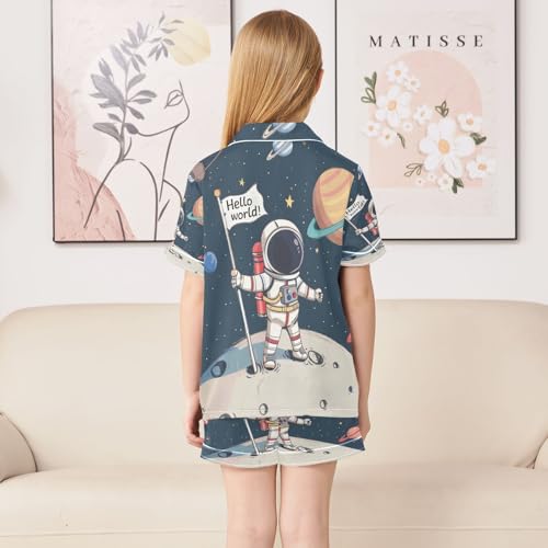ALAZA Planet Solar System Space Universe Astronaut Satin Pajamas Set Short Sleeve Button Down Sleepwear Summer Pjs 2 Piece4