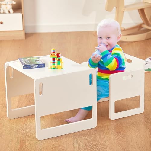 FUNLIO Set de Mesa y Silla Montessori para Bebés de 1-3 años, Ajustable en Altura, Ideal para Leer/Comer/Jugar, Fácil de Montar, Certificado CPC - Blanco