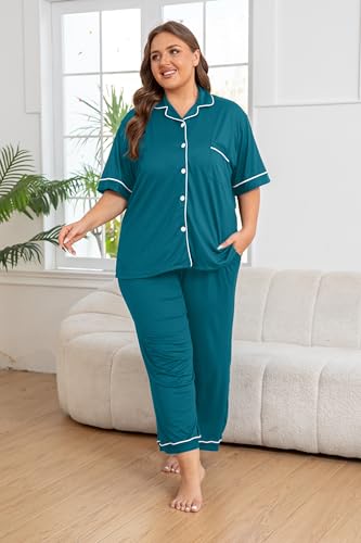 Image of Vozanet Women's Plus Size Pajamas Button Down Shirt and Pants Soft Lounge Sets Bride Nighty Bottom with Pockets 1x to 5x