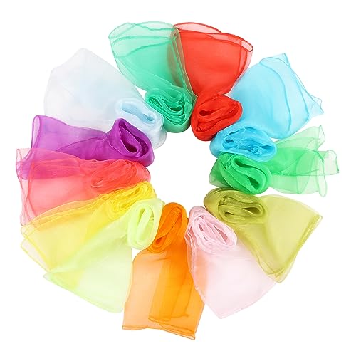KIMOBER 12PCS Square Dance Scarves,12 Colors Juggling Silk Magic Tricks Music Movement Scarf Props for Kids Toddlers Children(24in × 24 Inches)