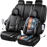 CAR PASS Ventilation Cooling Seat Cover,Luxury Nappa Leather 5 Seat Cover with Vibrate Massage 12V, Lumbar Support, Seat Covers for SUVs,Pickups,Trucks,Vehicles (Solid Black)
