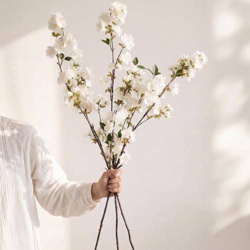 Craftsatin 3 Pcs White Cherry Blossom Branches 37 Inch Artificial Fake Realistic Cherry Blossom Stems Silk Faux Extra Long Stem Flowers for Tall Vase Home Decor Wedding Table Centerpieces