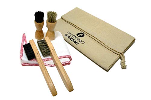VALENTINO GAREMI Shoe Shine Kit 4 Piece Leather Shoe Care Set with Horsehair Polish Brushes & Cotton Buffing Cloth Real Hardwood Handles Made in Germany