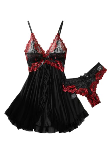 Image of Foxiny Sexy Ruffle Sheer Mesh Lace Wireless Babydoll Lingerie Dress with Thong 2 Piece