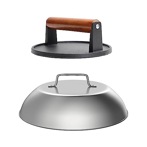 Image of SafBbcue Round Cast Iron Smash Burger Grill Weight Press Tool & Griddle Steamer Melting Dome 12 inch Round Stainless Steel Basting Cover for Blackstone Griddle, Griddle Food Cover Dome for Flat Top Grills