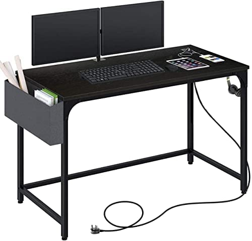 47" Computer Desk with Power Outlet, Home Office Desktop Table with USB Ports & Socket with Side Storage Bag & Iron Hooks (Black)-image-39