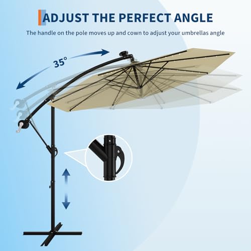 Garvee 10ft Solar Lights Offset Patio Umbrella, Cantilever Umbrella with Easy Lift & Tilt Adjustment, 8 Ribs Sun umbrella UV Protection for Backyard, Pool, Garden - Beige