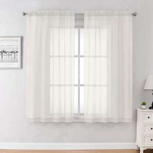 Image of Chyhomenyc Ivory Sheer Curtains 63 Inch Long 2 Panels - Light Filtering Window Curtains for Living Room, Modern Soft Airy Voile Rod Pocket Bedroom Drapes, 59Wx63L Inch