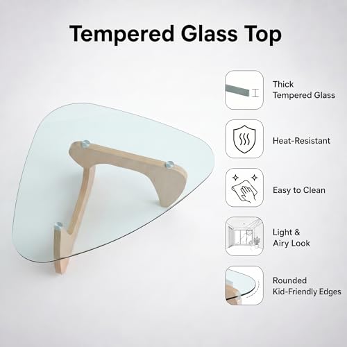 Image of 35.8 inch Glass Coffee Table, Mid-Century Modern Coffee Tables for Living Room, Organic Round Coffee Table with Clear Tempered Glass Top and Natural Wood Base, Small Center Table, Mesa de Centro para Sala