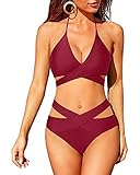 Holipick Two Piece Bikini Sets for Women High Waisted Bikini Push Up Swimsuit Halter Wrap Criss Cross Bathing Suit Wine Red