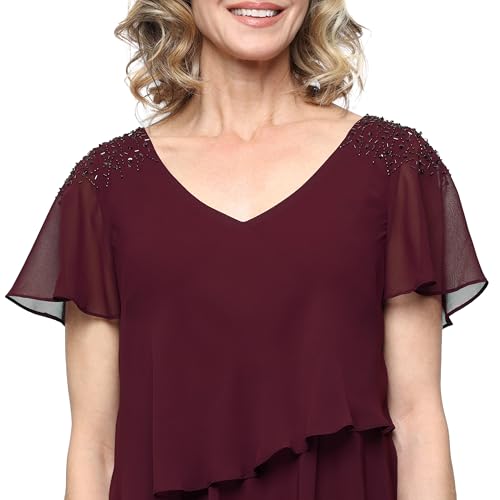 Image of S.L. Fashions Women's V-Neck Chiffon Cocktail Dress with Beaded Shoulders and Asymmetrical Tiers (Petite and Regular Sizes)