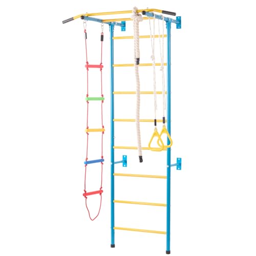 VEVOR Sprossenwand Turnwand Klettergerüst für Kinder (ab 3 Jahren), 5-in-1-Set mit schwedischer Leiter aus Karbonstahl, Klimmzugstange & Strickleiter & Turnringen 100 kg belastbar mehrfarbig
