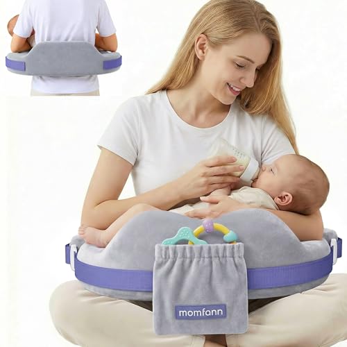 MOMFANN Nursing Pillow for Breastfeeding, 60D Firm Memory Foam, Ergonomic Lumbar Support & Safety Fence, Wider Cushion for Back Pain Relief, Adjustable Strap, Removable Machine Washable Cover -Gray