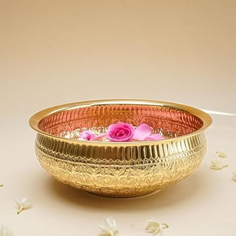 BEHOMA Classic Chitai Design Urli Bowl for Home Decor, Brass Embossed Round Tray for Living Room Dining Office Center Table Decoration Festival, Golden Finish, 10.2 Inches Cover